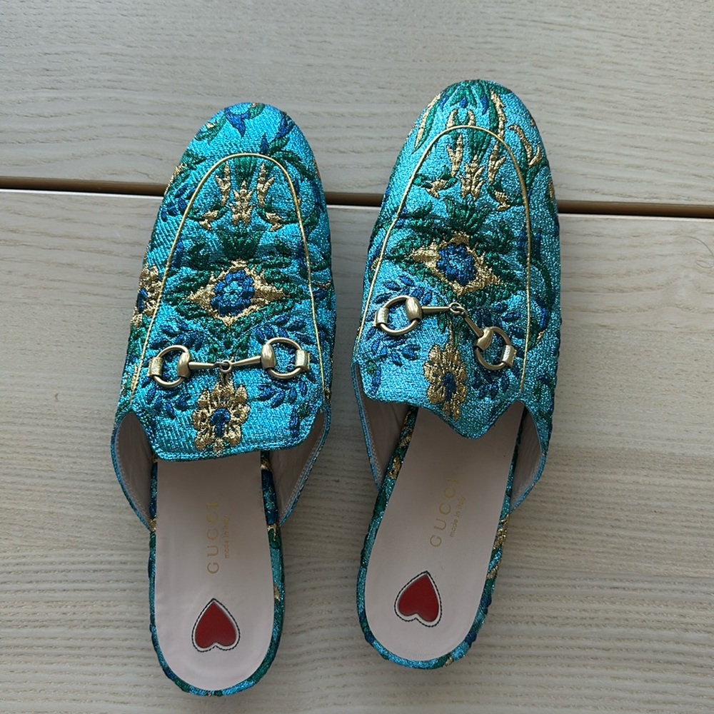 Gucci Blue Gold Print Princetown Brocade Flat Mule Slides Shoes EU 39 US 9